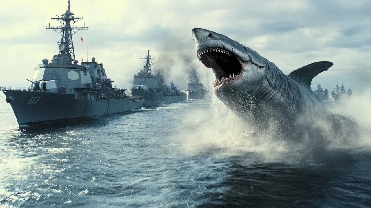 Capa de Um tubarão gigante cercou um navio militar no meio do oceano
